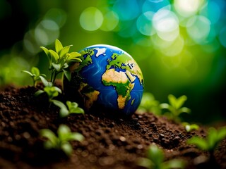 small globe resting on a soil,earth day concept 