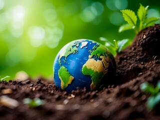small globe resting on a soil, earth day illustration 