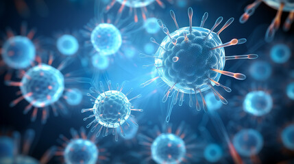 The image shows a multitude of virus-like particles with a detailed surface structure,highlighted by dynamic lighting,giving a sense of depth and scientific examination.Medicine concept.AI generated.