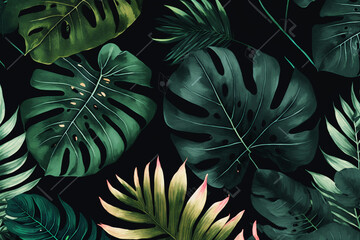 green tropical leaves on dark background. created with generative AI technology