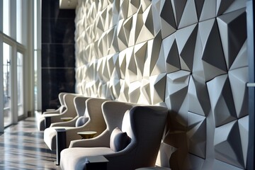 A hotel lounge with floor-to-ceiling 3D geometric wall panels, creating an artistic and immersive atmosphere, complemented by comfortable minimalist seating, captured in HD detail.