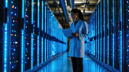 Fototapeta premium Focused IT professional using a laptop while standing in a server room with racks of network equipment illuminated by blue lights
