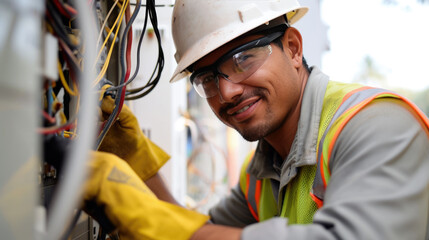 A professional electrician is smiling while working on a complex electrical panel