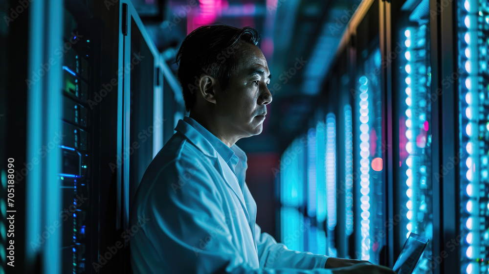 Aufkleber focused it professional using a laptop while standing in a server room with racks of network equipme