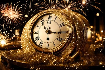  Radiant elegance emanates from a vintage gold clock amid golden bokeh lights
