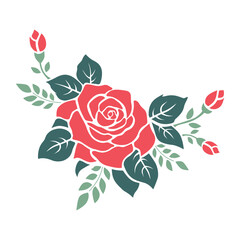 red rose with leaves, isolated on white background vector illustration,  decorative element for greeting cards, mother`s day,birthday, valentine`s day,