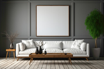 Step into a minimalist living room setting with a stylish sofa, complemented by a blank empty white frame, ideal for showcasing your copy or artwork.