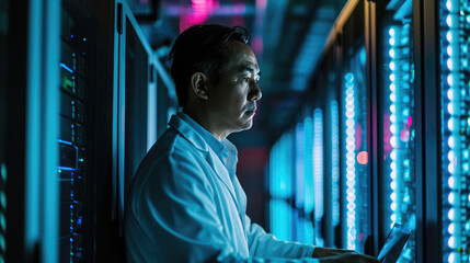 Focused IT professional using a laptop while standing in a server room with racks of network equipment illuminated by blue lights