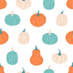 Pumpkins seamless pattern. Hello autumn, autumn harvest, farming. Flat, hand drawn texture for wallpaper, textile, fabric, paper. Hand drawn vector illustration