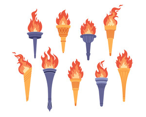 Set of burning torches with flame. Symbol of competition victory, champion. Vector illustration in flat style