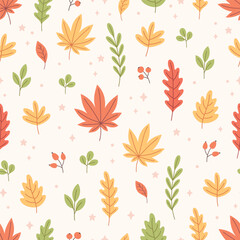Autumn leaves seamless pattern. Autumn foliage, autumn time. Design for fabric, textile, wrapping paper. Hand drawn vector illustration
