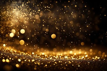 Abstract festive dark background adorned with golden glitter and mesmerizing bokeh lights