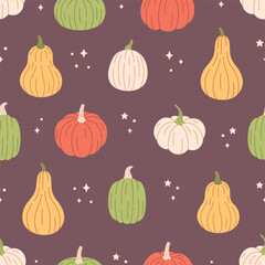 Pumpkins seamless pattern. Hello autumn, autumn harvest, farming. Flat, hand drawn texture for wallpaper, textile, fabric, paper. Hand drawn vector illustration © Amahce