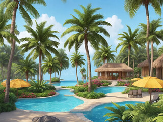Fototapeta premium Free photo nature beauty in sea beach surrounded by lush greenery and crystal-clear waters. AI generative image.