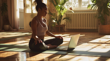Young woman sitting cross-legged on a yoga mat, using a laptop during a virtual yoga class or...