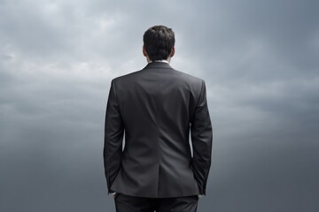 guy in suit from behind standing against gray cloudy sky. Depression, sadness, tragedy, crisis, burnout syndrome, mental health awareness, business concept. Blue Monday idea.