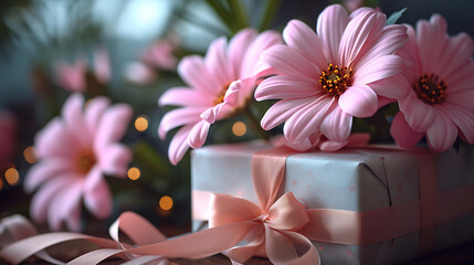 Pink flowers, ribbon, and a present box on a white table, with Copy Space 