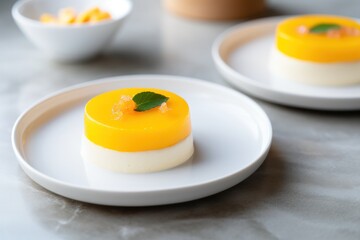 mango dessert served on white plate minimal food set design at fancy fusion restaurant  - obrazy, fototapety, plakaty