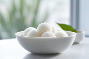 Fototapeta na wymiar minimal white coconut mochi dessert in a bowl, vegan sweet 