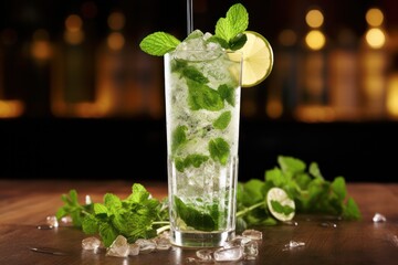 fresh mojito cocktail with lime and mint leaves closeup at bar counter