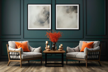 Step into a room featuring two chairs in green and charcoal grey hues, set against a blank wall with an empty frame as the centerpiece. 