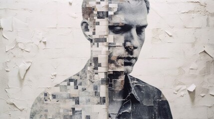 Silhouette of a grunge man against the background of a shabby wall of an industrial building with copy space. Photo editing, dust overlay with distorted grain.