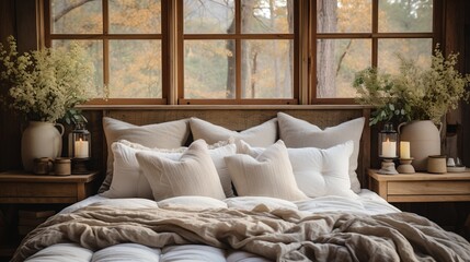 A cozy bedroom with a view of the fall foliage
