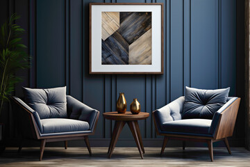 Step into a room of simplicity with dark blue and grey chairs creating a balanced composition. 