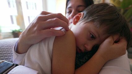 Soothing Embrace - Mother Comforting Son at Home. Affectionate Care moment of Woman Caressing...