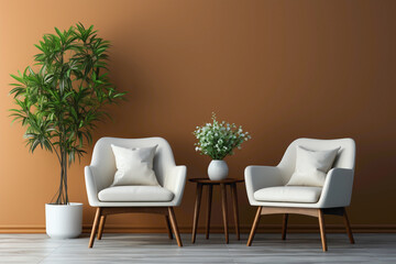A minimalist arrangement of two chairs and a table, adorned with a cute little plant, against a simple solid wall with a blank empty white frame for added elegance.