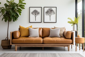 brown leather couch with two matching tree art pieces above it