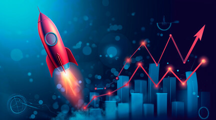 Shortcut Exponential growth or compound interest with rocket launch icon, investment fast track wealth or earning rising up graph increasing profit financial concept