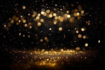 Fototapeta na wymiar Abstract festive dark background adorned with golden glitter and mesmerizing bokeh lights