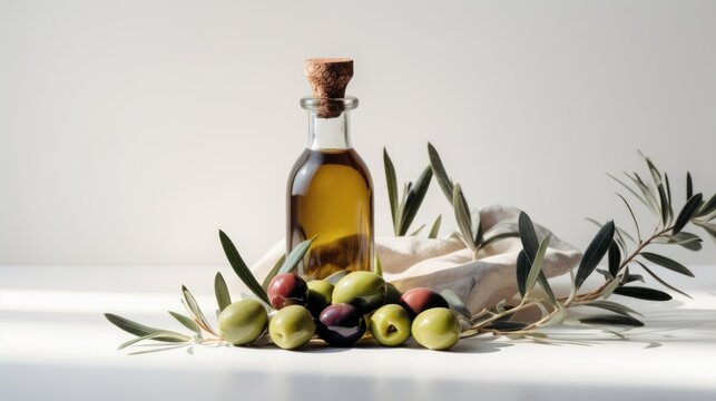 illustration of a bottle with olive oil and some olives.AI generated.
