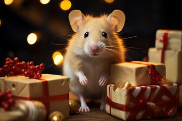 little mouse among the gift boxes and Christmas cheese