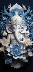 White and blue 3D illustration of the Hindu God Ganesha