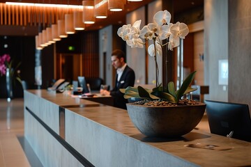 Naklejka na ściany i meble Modern hotel lobby with ambient lighting and a world exuding elegance.