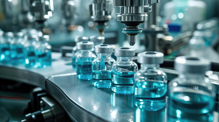 Close-up of numerous medical vials in a pharmaceutical manufacturing line - obrazy, fototapety, plakaty