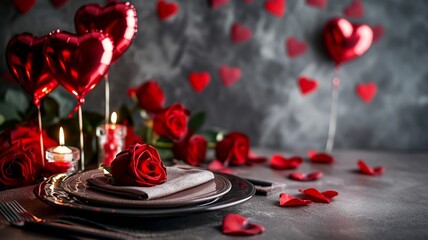 Fototapeta na wymiar Romantic Dinner Setting with Heart Balloons