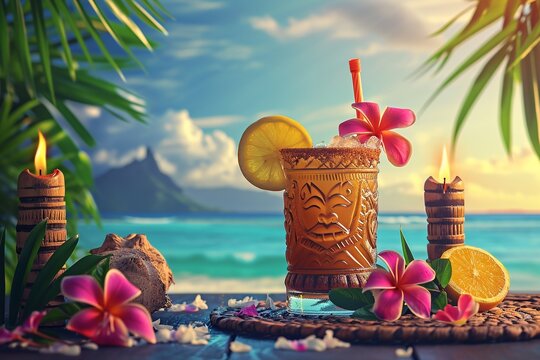 Fototapeta Tropical Tiki Bar Scene with Ocean View  