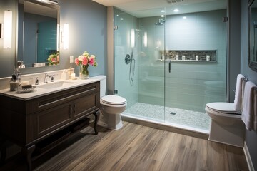 Fototapeta na wymiar Small bathroom interior with toilet, vanity, shower and gray blue wall tiles