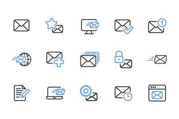 Mailing outline icon set black and blue. Containing mail, email, mailbox, letter, send, receive, post office and envelope icons. Outline icon collection. Vector illustration.