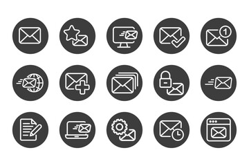 Mailing solid icon set black and white. Containing mail, email, mailbox, letter, send, receive, post office and envelope icons. Solid icon collection. Vector illustration.