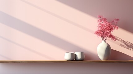 Shelf hanging on the wall with beautiful flower pots and some pretty glasses Empty bookshelf with pink pastel background or texture in bookstore. 3d rendering.