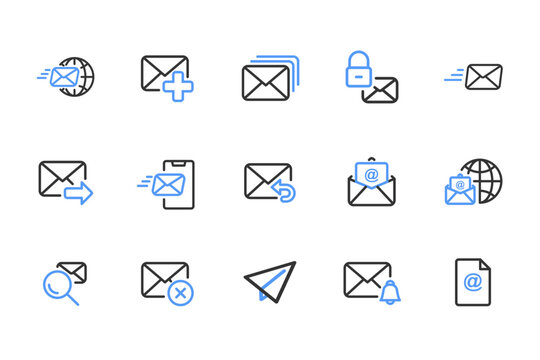 Mailing outline icon set black and blue. Containing mail, email, mailbox, letter, send, receive, post office and envelope icons. Outline icon collection. Vector illustration.