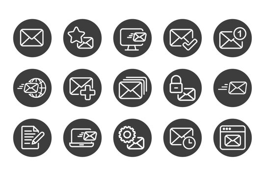 Mailing solid icon set black and white. Containing mail, email, mailbox, letter, send, receive, post office and envelope icons. Solid icon collection. Vector illustration.