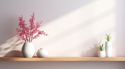 Shelf hanging on the wall with beautiful flower pots and some pretty glasses Empty bookshelf with pink pastel background or texture in bookstore. 3d rendering.