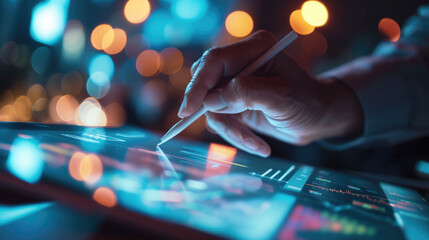 Close-up of hands using a digital tablet with a stylus pen, with a blurred background - Powered by Adobe
