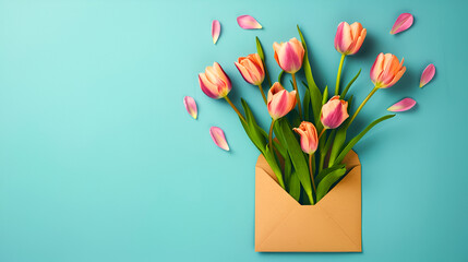 Colorful tulips blooming from paper envelope on light blue background, free space. Women's Day or Mother's day banner, greeting card, post card, creative concept. Envelope with spring tulip bouquet