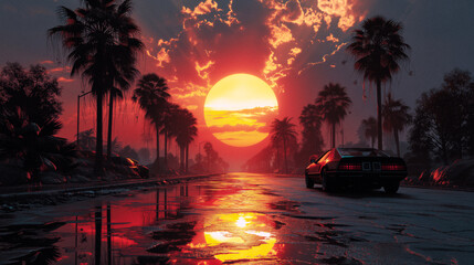Dreamscape Paradise Retro Synthwave Sunset with Vintage Car - obrazy, fototapety, plakaty
